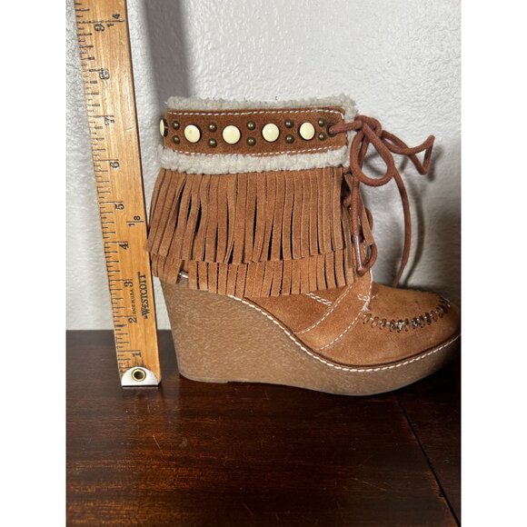 Sam Edelman Kemper Wedge Boots  Womens Sz 5 Suede Fringe Studded Platform - Picture 10 of 11